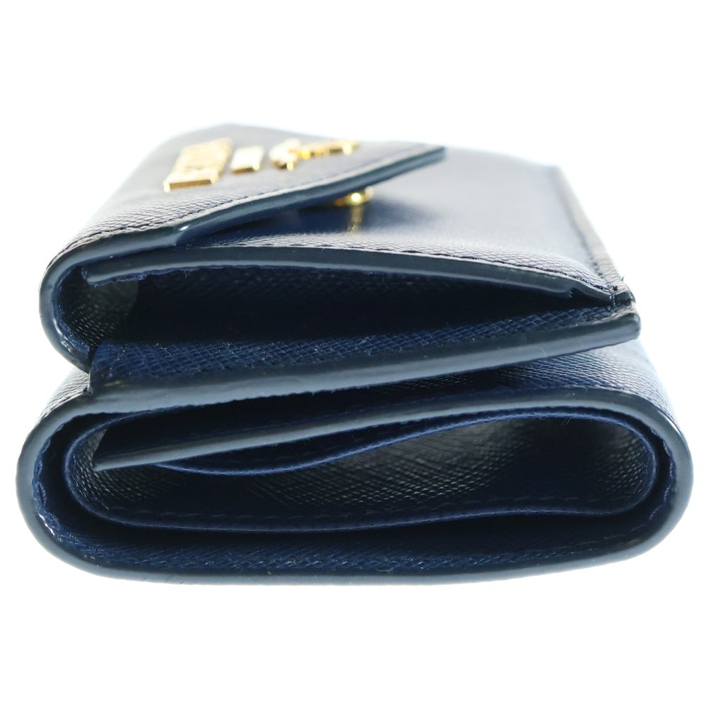 PRADA(プラダ) サフィアーノ 三つ折り財布 コンパクトウォレット コインケース ゴールド金具 ネイビー レザー 1MH021
