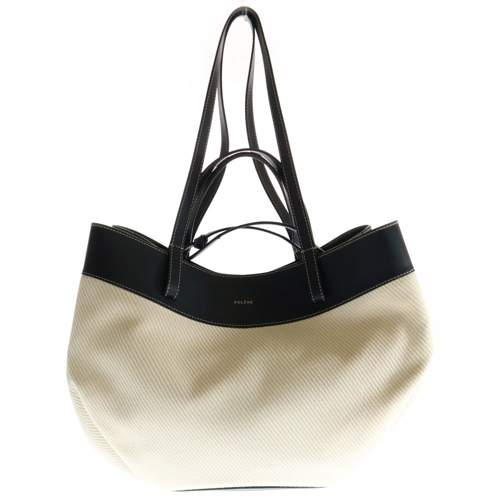 POLENE(ポレーヌ) キャンバス レザー 2WAY ハンド ショルダー トートバッグ ゴールド金具 ブラック/アイボリー