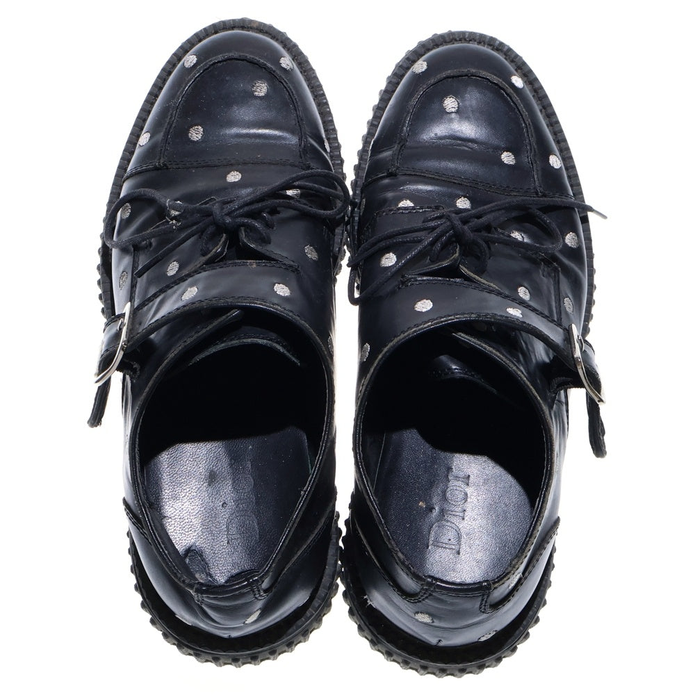 Dior HOMME(ディオールオム) 14AW ポルカドット総柄刺繍 モンクストラップ レザー レースアップ ローカット ダービーシューズ ブラック