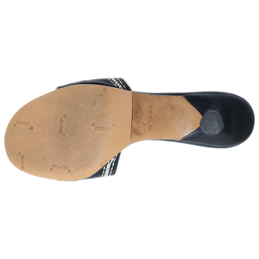 CHANEL(シャネル) ロゴ刺繍 ナイロン レザー ヒール ミュールサンダル シューズ ブラック レディース