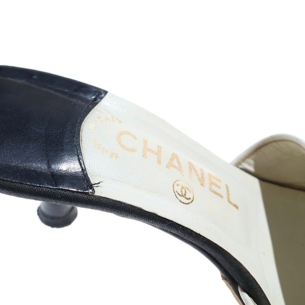 CHANEL(シャネル) ロゴ刺繍 ナイロン レザー ヒール ミュールサンダル シューズ ブラック レディース