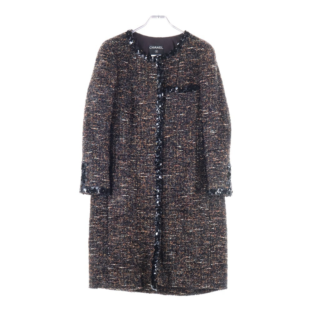 CHANEL(シャネル) 02AW モヘア混ツイード スパンコール装飾 ノーカラー 10B ロング ジャケット コート ブラウン/ブラック レディース P20135V11685
