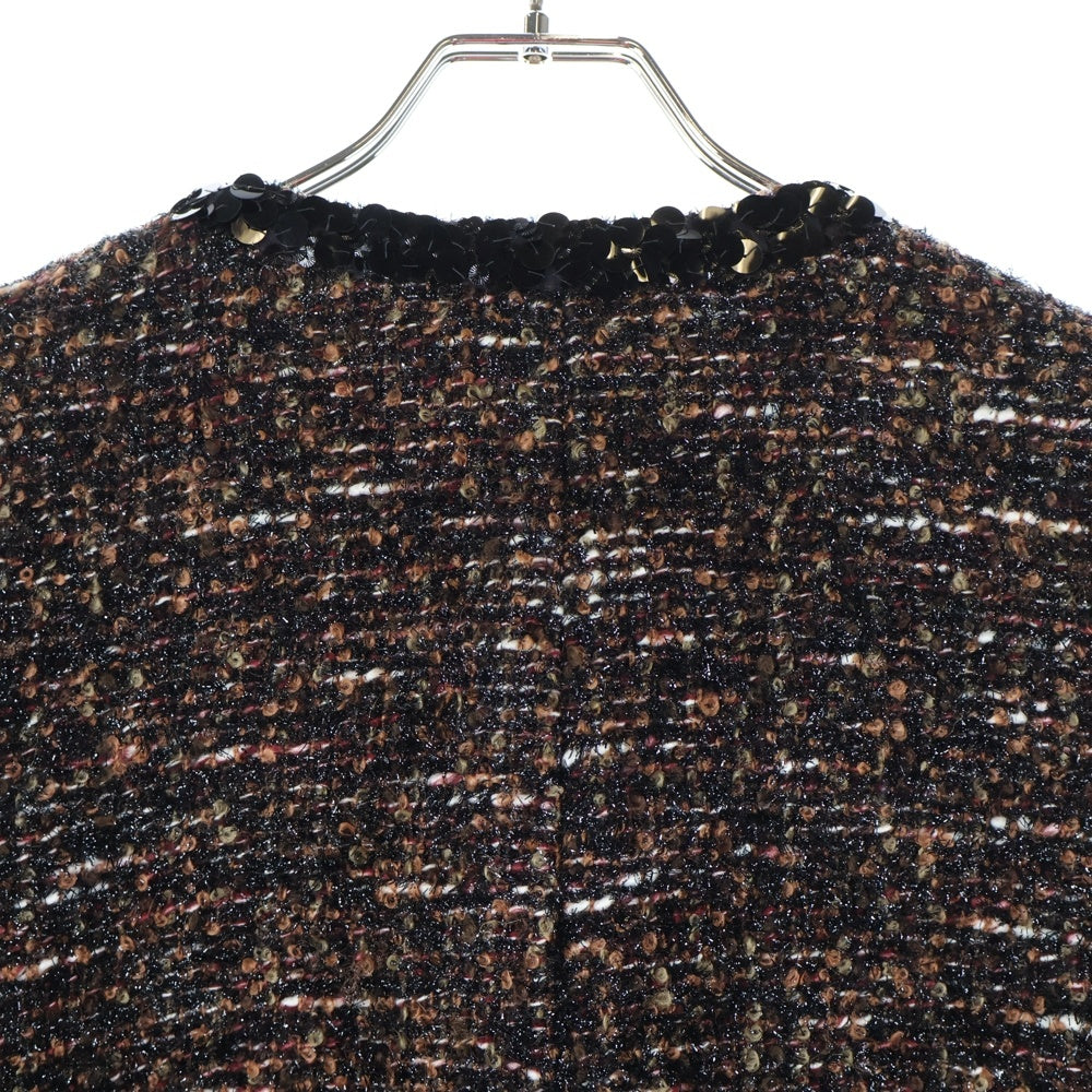 CHANEL(シャネル) 02AW モヘア混ツイード スパンコール装飾 ノーカラー 10B ロング ジャケット コート ブラウン/ブラック レディース P20135V11685