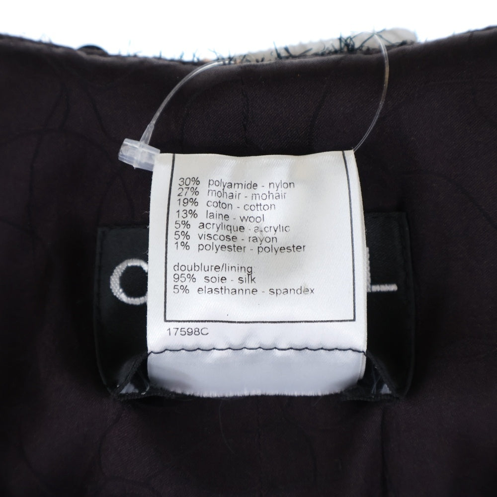 CHANEL(シャネル) 02AW モヘア混ツイード スパンコール装飾 ノーカラー 10B ロング ジャケット コート ブラウン/ブラック レディース P20135V11685