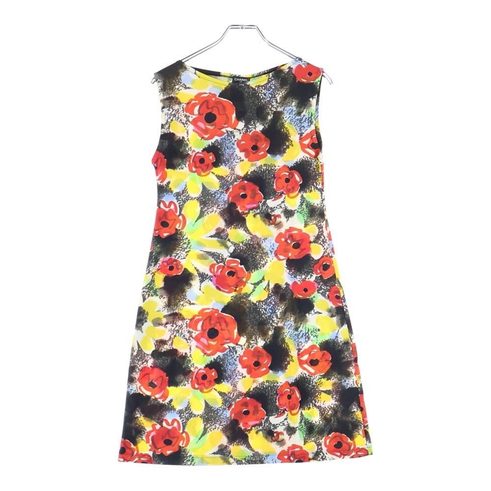 CHANEL(シャネル) 97P スプリングコレクション カメリア グラフィック 総柄プリント ノースリーブ ミディアムワンピース ブラック/レッド レディース P07806V05575