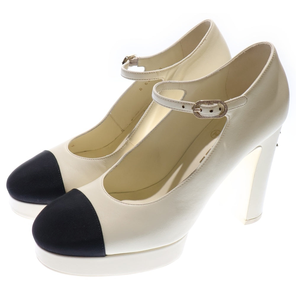 CHANEL(シャネル) 25SS ココマーク ビジュー レザー ヒール ストラップ パンプス シューズ メリージェーン ホワイト/ブラック レディース G46475