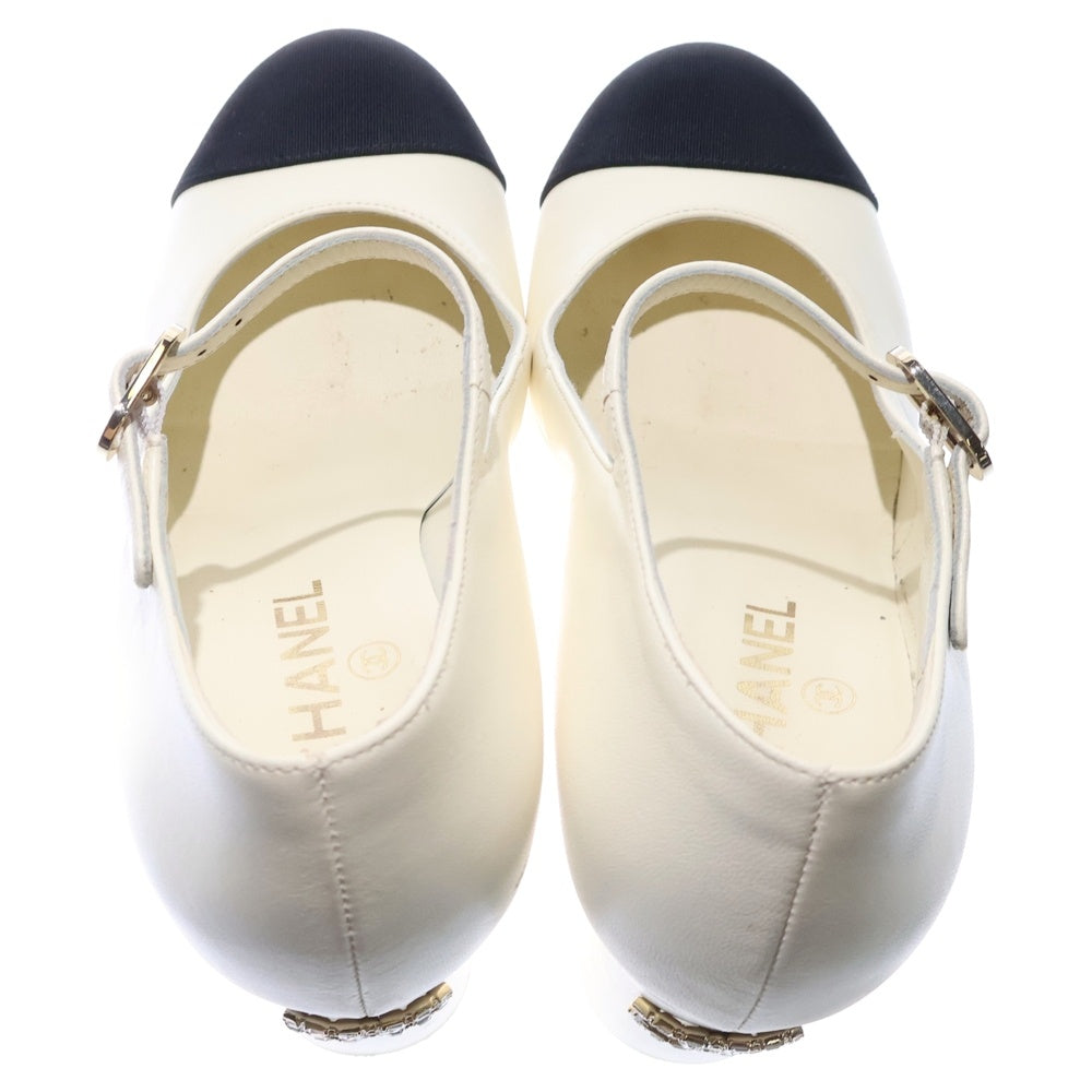 CHANEL(シャネル) 25SS ココマーク ビジュー レザー ヒール ストラップ パンプス シューズ メリージェーン ホワイト/ブラック レディース G46475