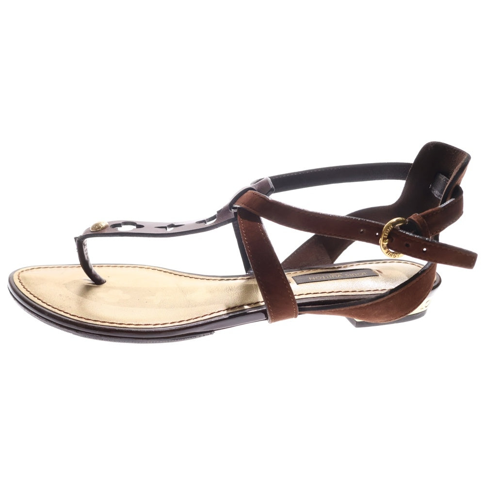 LOUIS VUITTON(ルイヴィトン) モノグラムフラワー カットアウト スエード コンビレザー ストラップ フラットサンダル シューズ ブラウン/ゴールド レディース