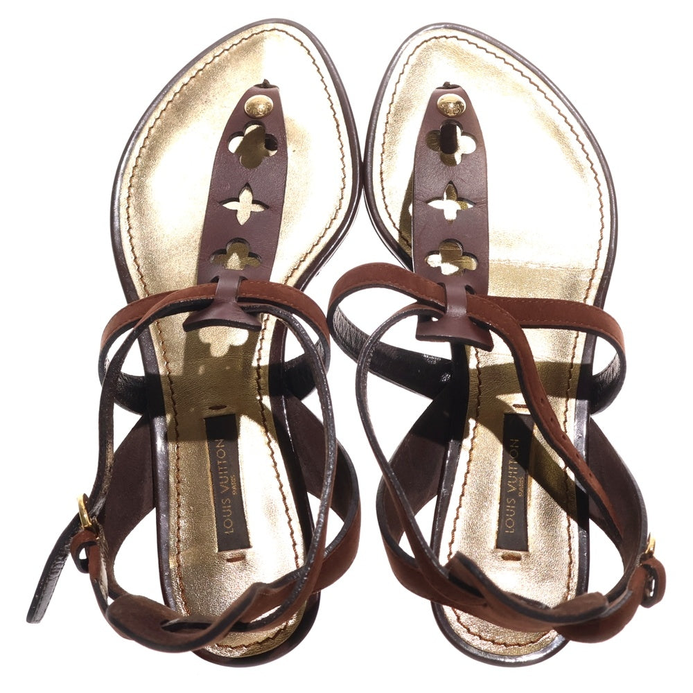 LOUIS VUITTON(ルイヴィトン) モノグラムフラワー カットアウト スエード コンビレザー ストラップ フラットサンダル シューズ ブラウン/ゴールド レディース