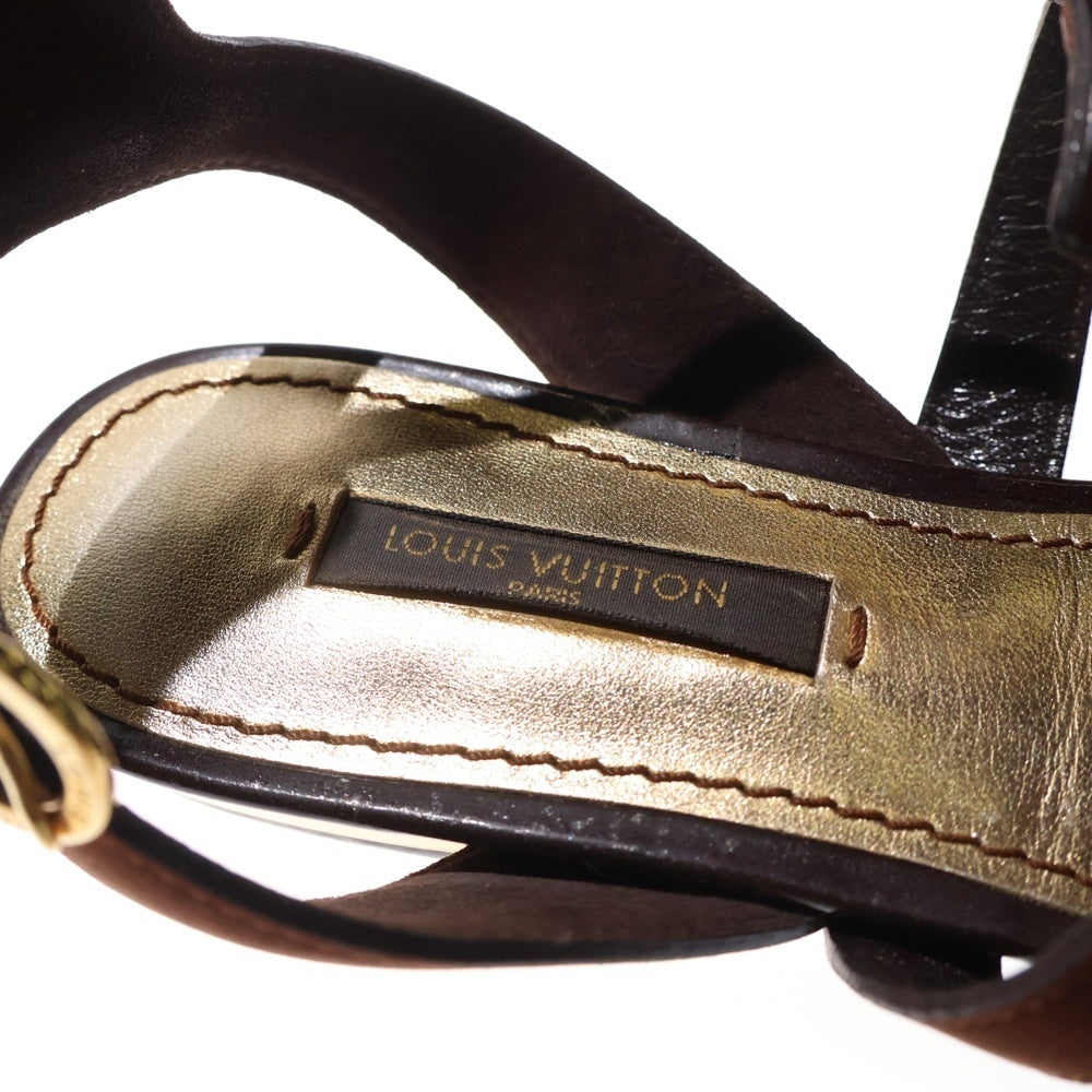 LOUIS VUITTON(ルイヴィトン) モノグラムフラワー カットアウト スエード コンビレザー ストラップ フラットサンダル シューズ ブラウン/ゴールド レディース