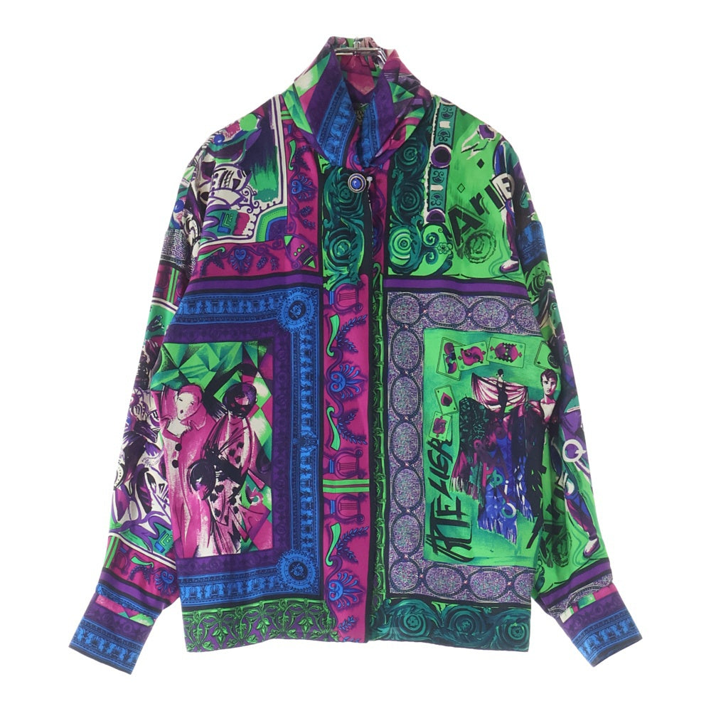 GIANNI VERSACE(ジャンニ ヴェルサーチ) グラフィック 総柄プリント ショールカラー シルク 長袖 シャツ パープル/グリーン レディース