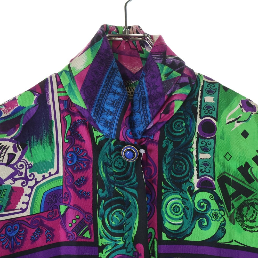 GIANNI VERSACE(ジャンニ ヴェルサーチ) グラフィック 総柄プリント ショールカラー シルク 長袖 シャツ パープル/グリーン レディース