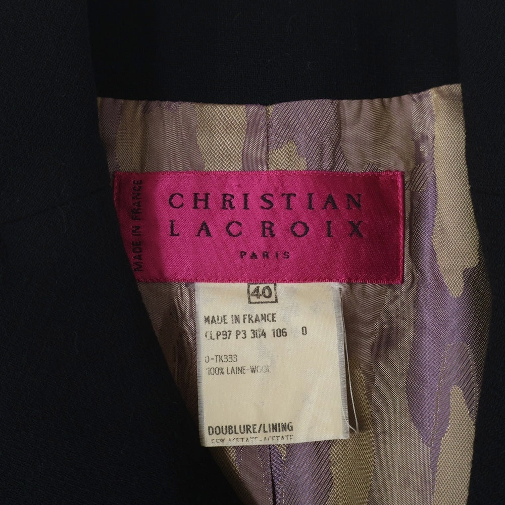 Christian Lacroix(クリスチャンラクロワ) セットアップ 裏地総柄 ウール ロゴボタン ダブルブレスト テーラード ロング ジャケット コート タイトミニスカート ブラック レディース