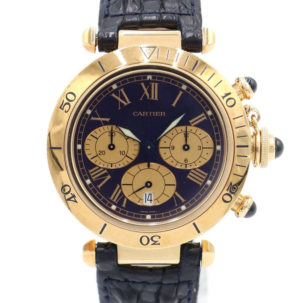Cartier(カルティエ) パシャ38MM クロノグラフ デイト 紫文字盤 レザーベルト クォーツウォッチ 腕時計 K18YG イエローゴールド/ブラック W3003551