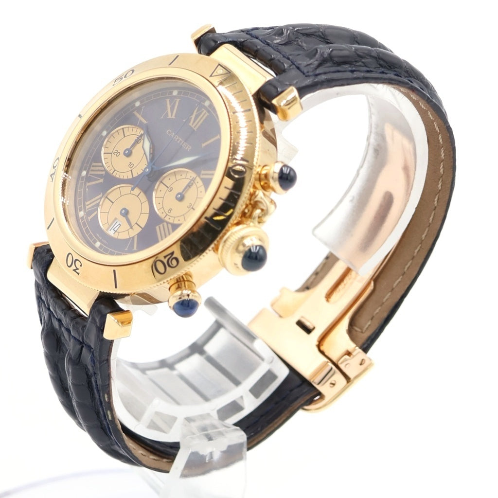 Cartier(カルティエ) パシャ38MM クロノグラフ デイト 紫文字盤 レザーベルト クォーツウォッチ 腕時計 K18YG イエローゴールド/ブラック W3003551