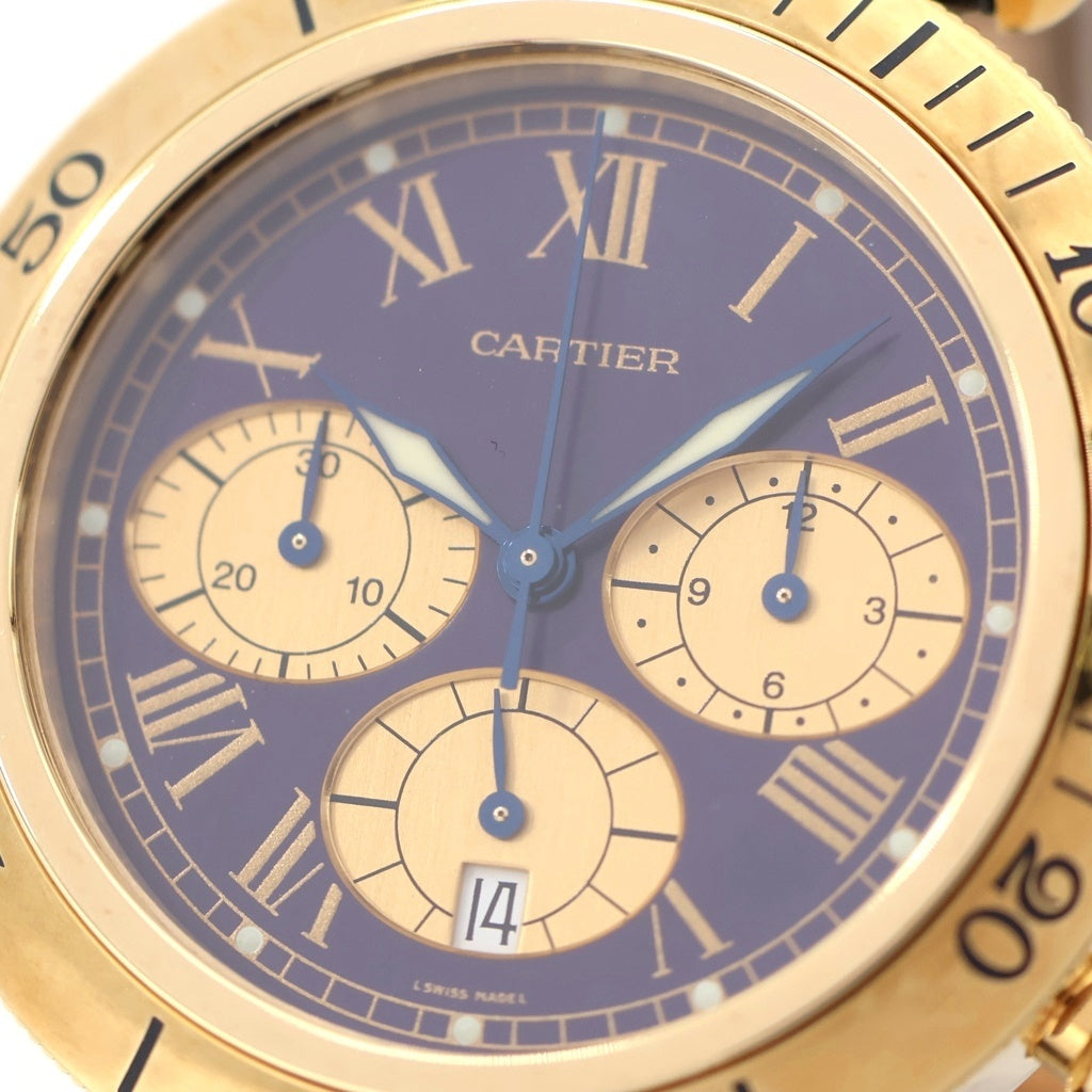 Cartier(カルティエ) パシャ38MM クロノグラフ デイト 紫文字盤 レザーベルト クォーツウォッチ 腕時計 K18YG イエローゴールド/ブラック W3003551