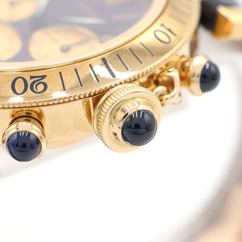 Cartier(カルティエ) パシャ38MM クロノグラフ デイト 紫文字盤 レザーベルト クォーツウォッチ 腕時計 K18YG イエローゴールド/ブラック W3003551
