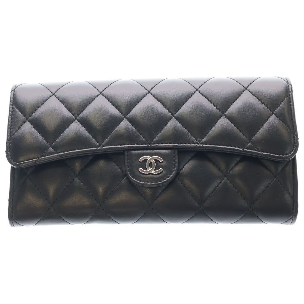 CHANEL(シャネル) マトラッセ 二つ折り長財布 ロングウォレット カードケース ブラック ラムスキン シルバー金具 レディース