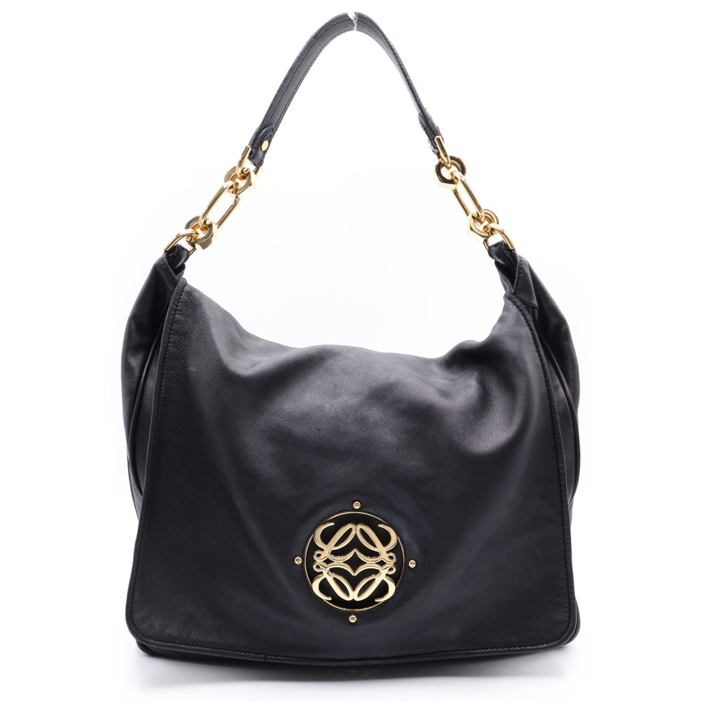 LOEWE(ロエベ) マイア アナグラムロゴ プレート レザー ショルダーバッグ ゴールド金具 ブラック レディース