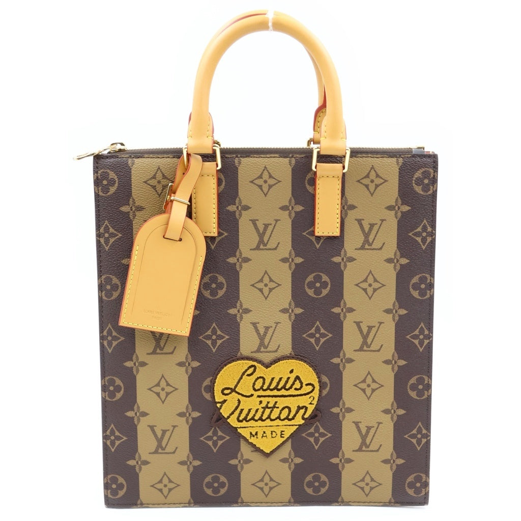 LOUIS VUITTON(ルイヴィトン) ×NIGO サックプラメッセンジャー モノグラム ストライプ ハンドバッグ トートバッグ ブラウン レザー×PVC M45969 ゴールド金具 レディース