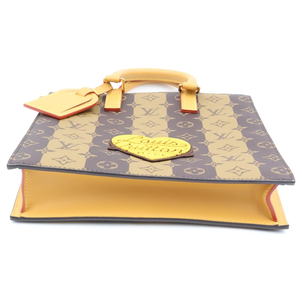 LOUIS VUITTON(ルイヴィトン) ×NIGO サックプラメッセンジャー モノグラム ストライプ ハンドバッグ トートバッグ ブラウン レザー×PVC M45969 ゴールド金具 レディース
