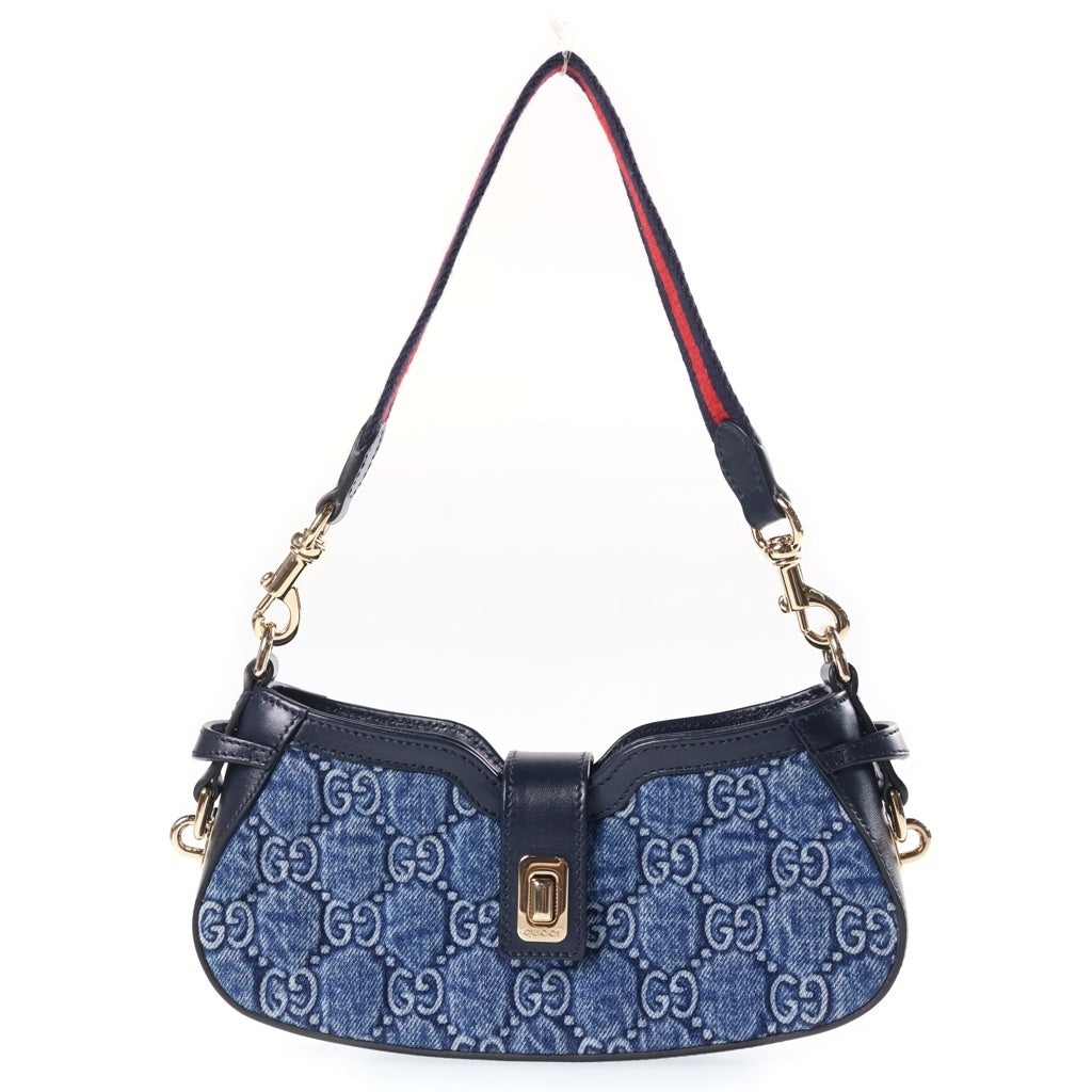 GUCCI(グッチ) シェリーライン GGデニム ムーンサイド ワンショルダーバッグ インディゴブルー デニム 786015 ゴールド金具 レディース