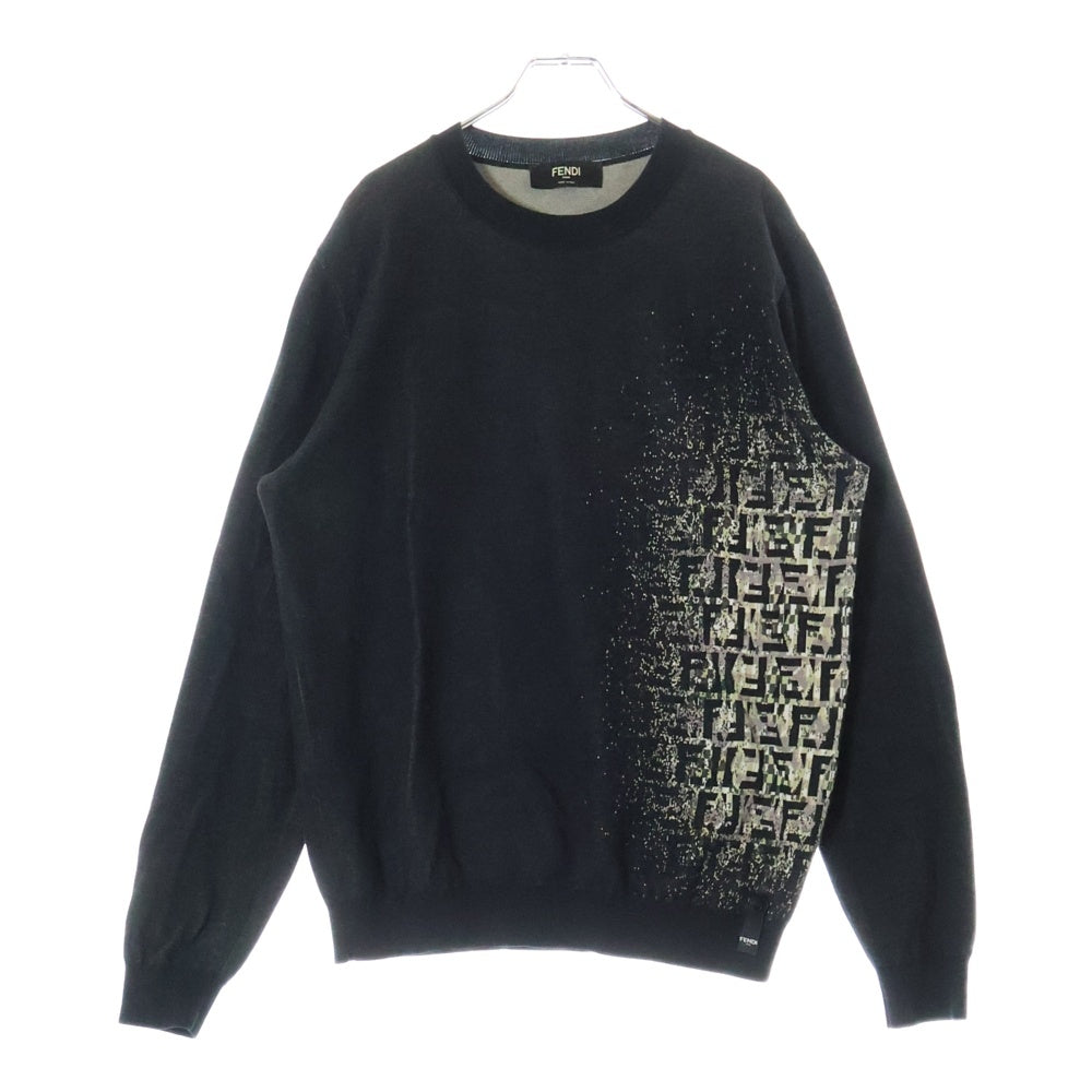 FENDI(フェンディ) Girocollo Shaded Logo Knit ズッカ柄 クルーネック コットン ニットセーター ブラック FZY078 ABDI