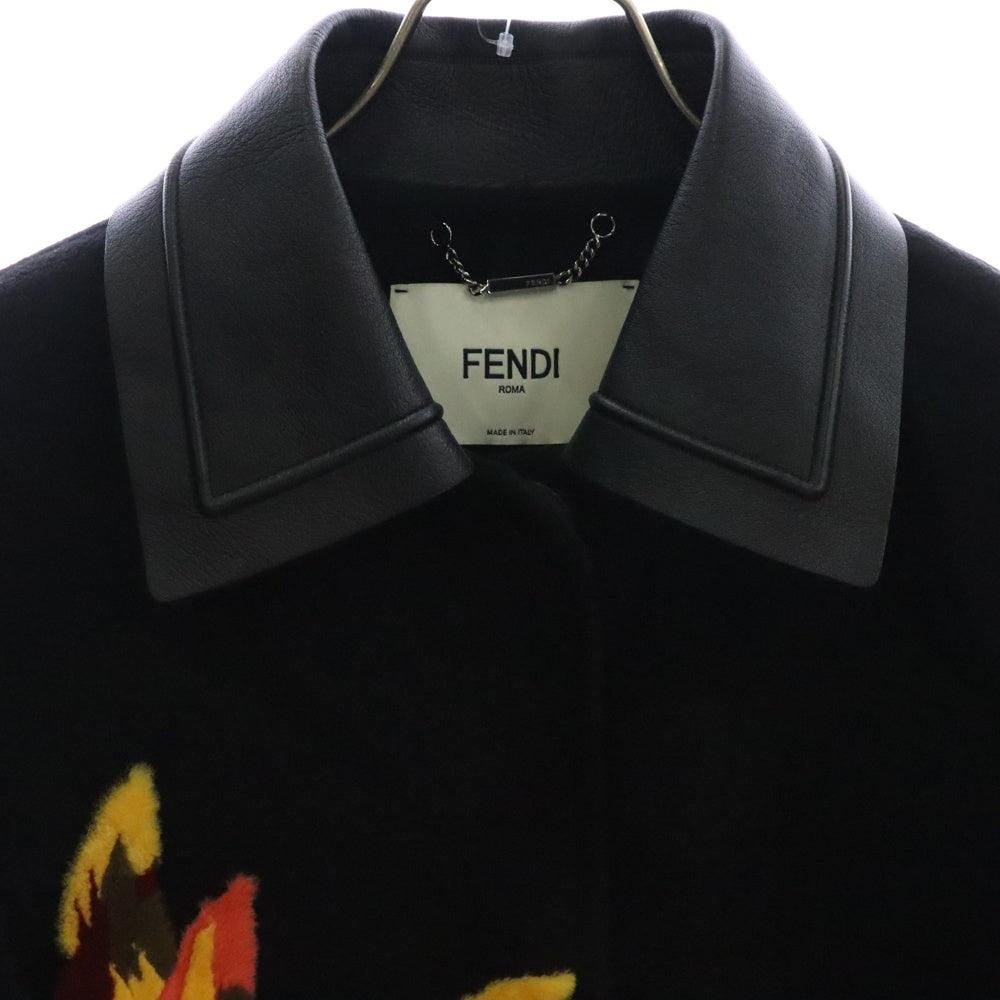 FENDI(フェンディ) 15AW ミンクファーワッペン ラムスキン レザー襟 カシミヤ ケープ ポンチョ コート ブラック レディース FF8111 W18