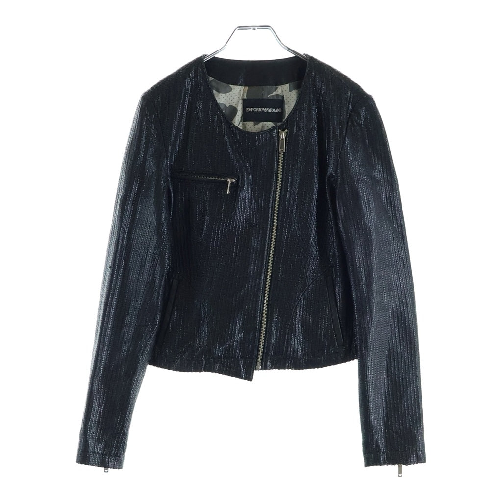 EMPORIO ARMANI(エンポリオアルマーニ) シープレザー 型押し ノーカラーライダースジャケット ブラック レディース TGP014