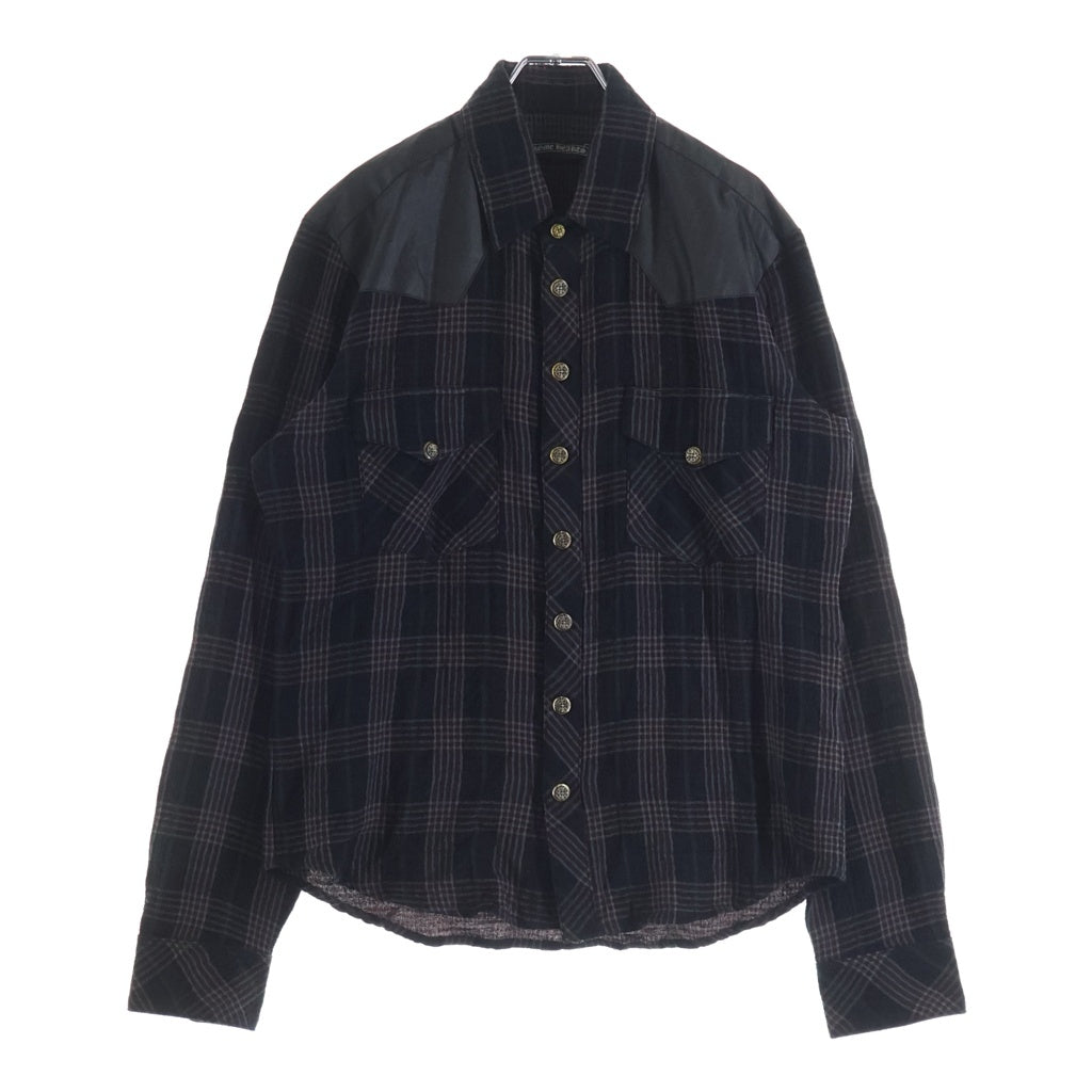 CHROME HEARTS(クロムハーツ) WESTN ウエスタン フローラルクロスボタン レザークロスパッチ ガーゼ 総柄チェック ロングスリーブ 長袖シャツ ブラック/レッド