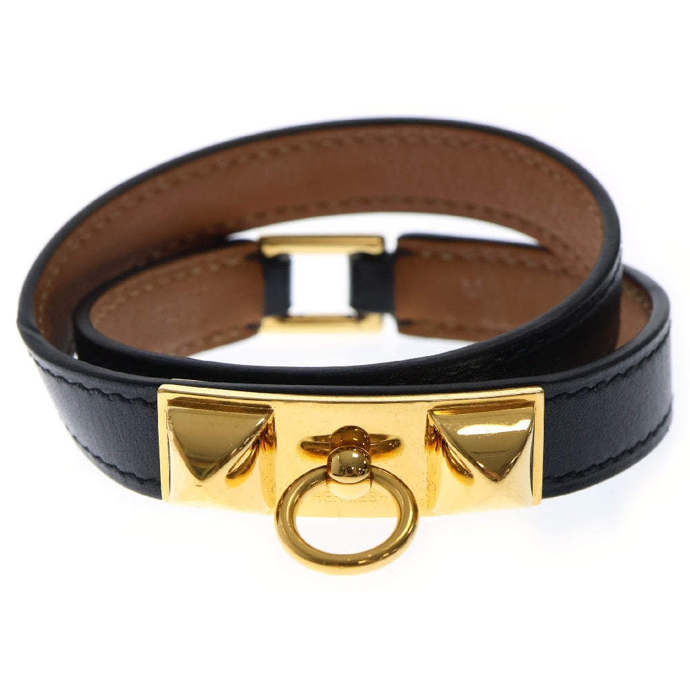 HERMES(エルメス) リヴァル コリエドシアン ドゥブルトゥール ブレスレット ブラック レザー ゴールド金具 アクセサリー