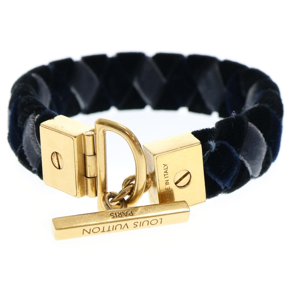 LOUIS VUITTON(ルイヴィトン) ロゴ刻印 ブレスレット ネイビーブルーxブラック ベロア バングル ゴールド金具