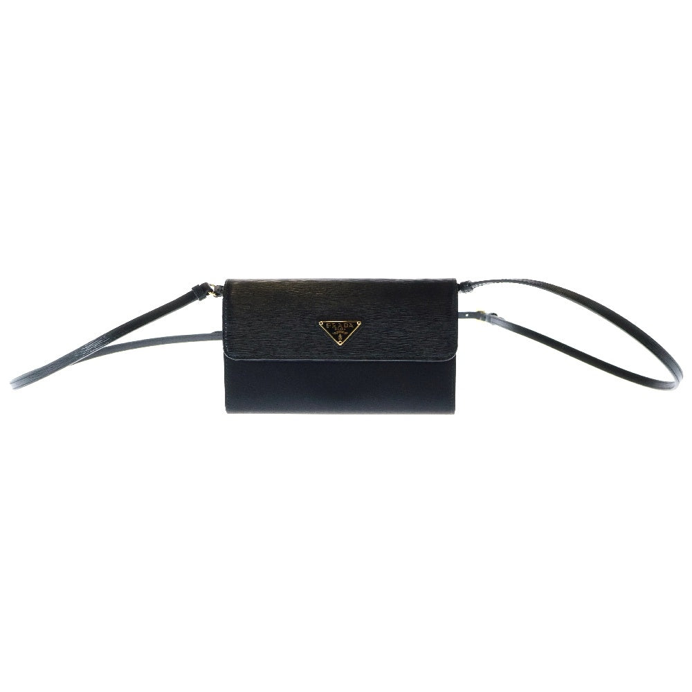 PRADA(プラダ) トライアングルロゴ 三角プレート ショルダーロングウォレット ストラップ付長財布 ブラック レザー×ナイロン テスート ゴールド金具 1MT437