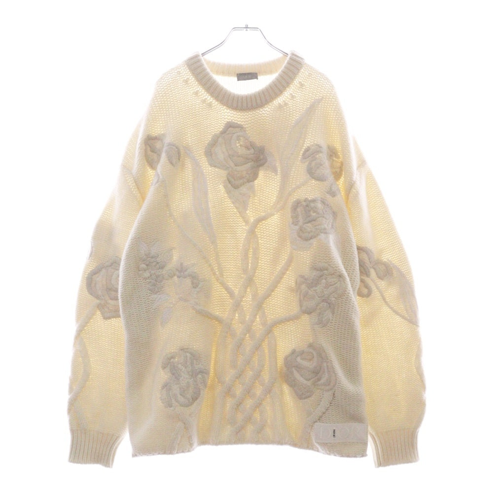 Christian Dior(クリスチャンディオール) ×sacai 22AW サカイ ローズモチーフ 刺繍 ニットセーター 長袖 オフホワイト XL 213M652AT336