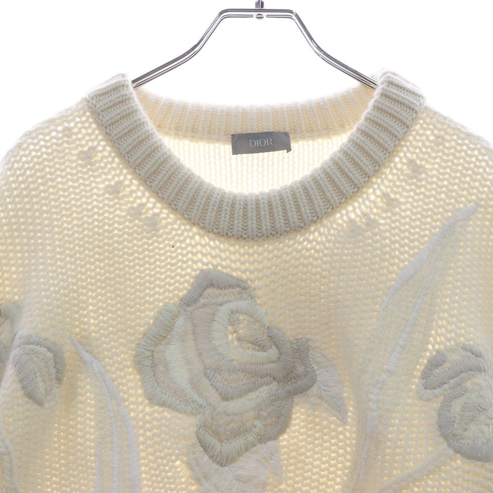 Christian Dior(クリスチャンディオール) ×sacai 22AW サカイ ローズモチーフ 刺繍 ニットセーター 長袖 オフホワイト XL 213M652AT336