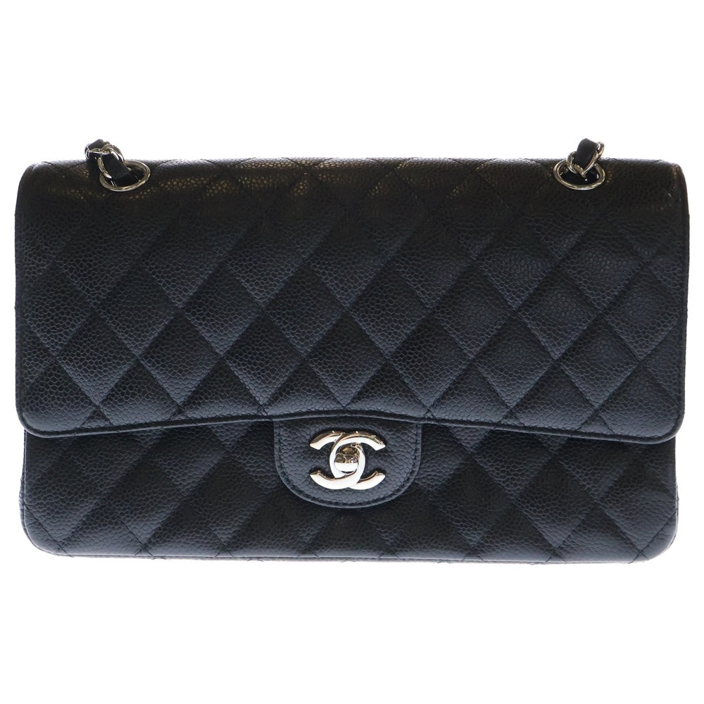 CHANEL(シャネル) マトラッセ25 Wフラップ Wチェーンショルダーバッグ ブラック キャビアスキン シルバー金具