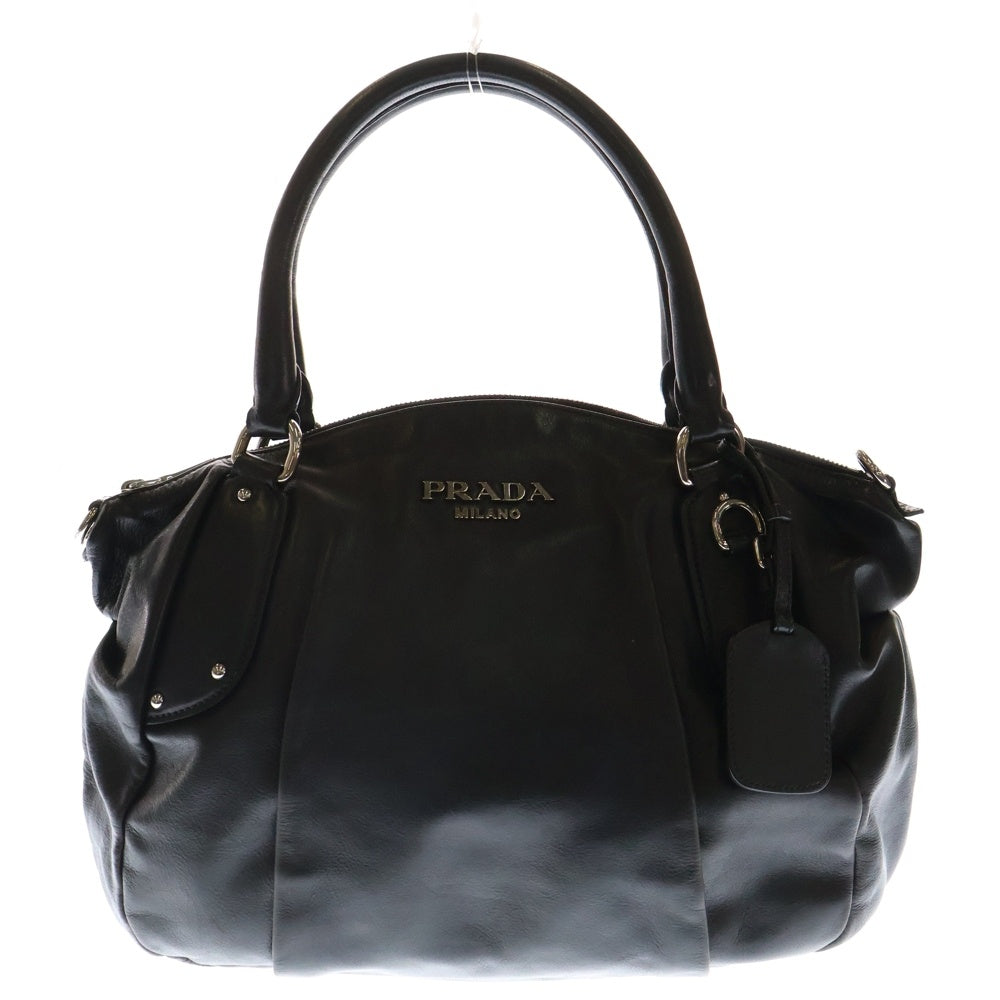 PRADA(プラダ) ロゴプレート ミラー付き スタッズ レザー ハンドバッグ シルバー金具 ブラック BL0529