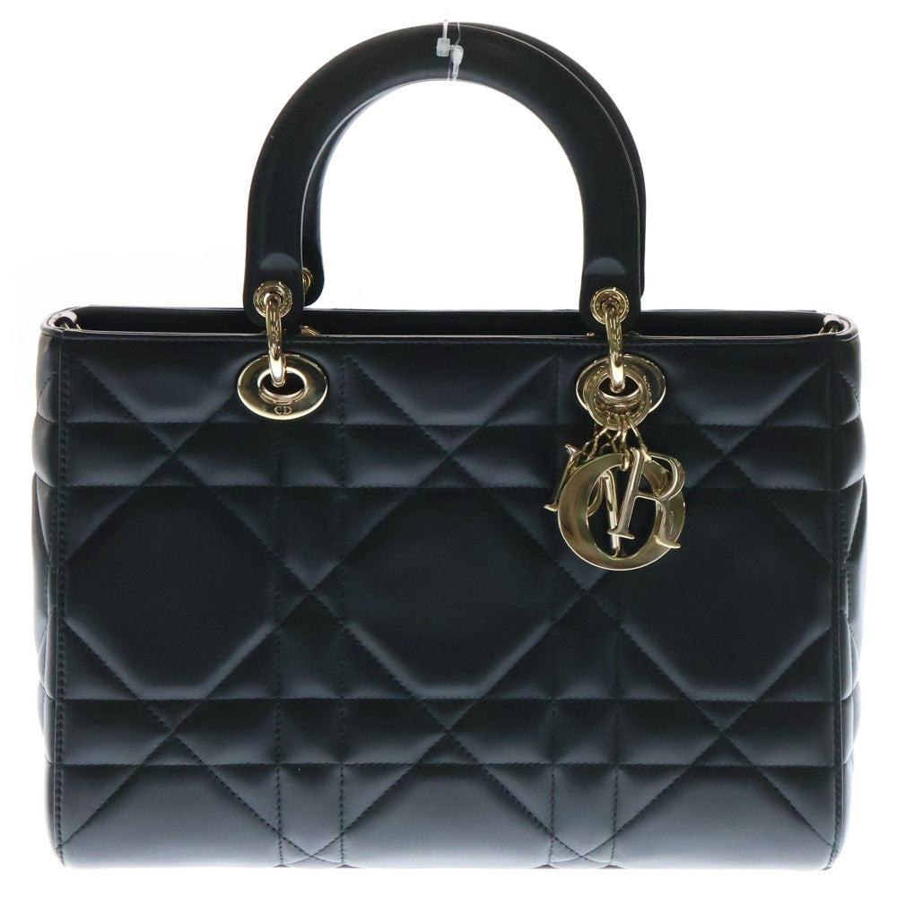 Christian Dior(クリスチャンディオール) Lady D-Sire ディーサイア ラージ ハンドバッグ ブラック カーフ ゴールド金具 CDラインストーン フラワーチャーム付き M1152OHOW_M900
