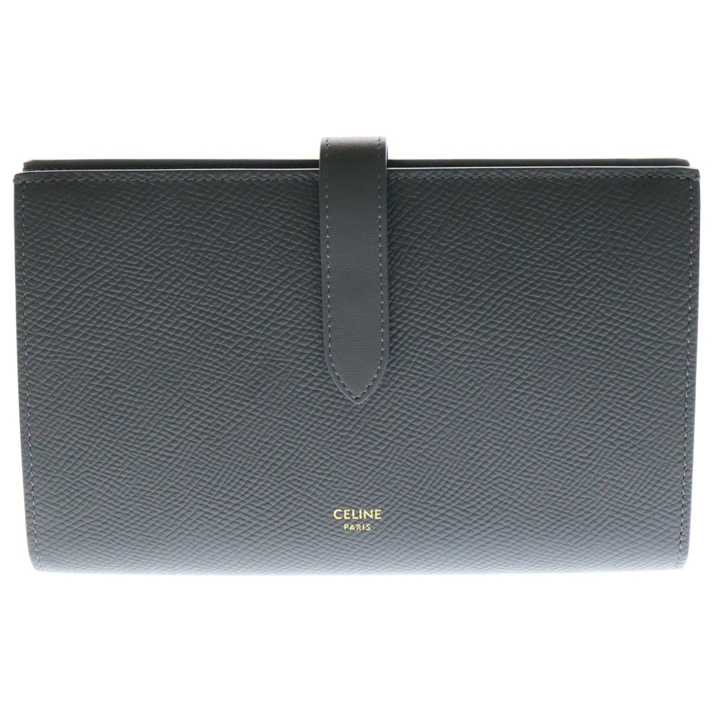CELINE(セリーヌ) ラージ ストラップ ロングウォレット カードケース 長財布 ゴールド金具 グレー レザー