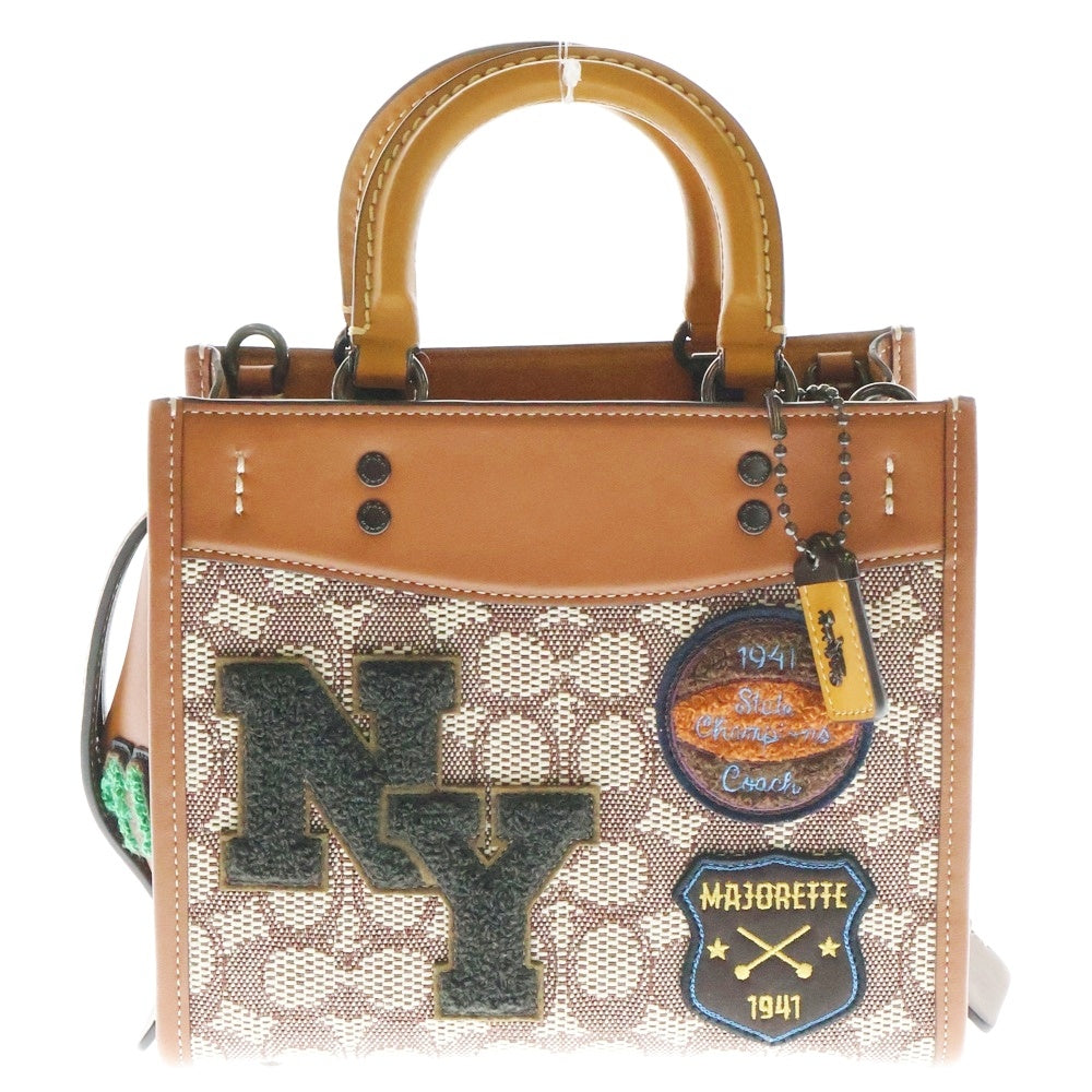 COACH(コーチ) ローグ20 シグネチャー テキスタイル ジャガード・ヴァーシティ パッチ 2WAYバッグ ショルダーバッグ ハンドバッグ ミニトートバッグ ブラウン レザー