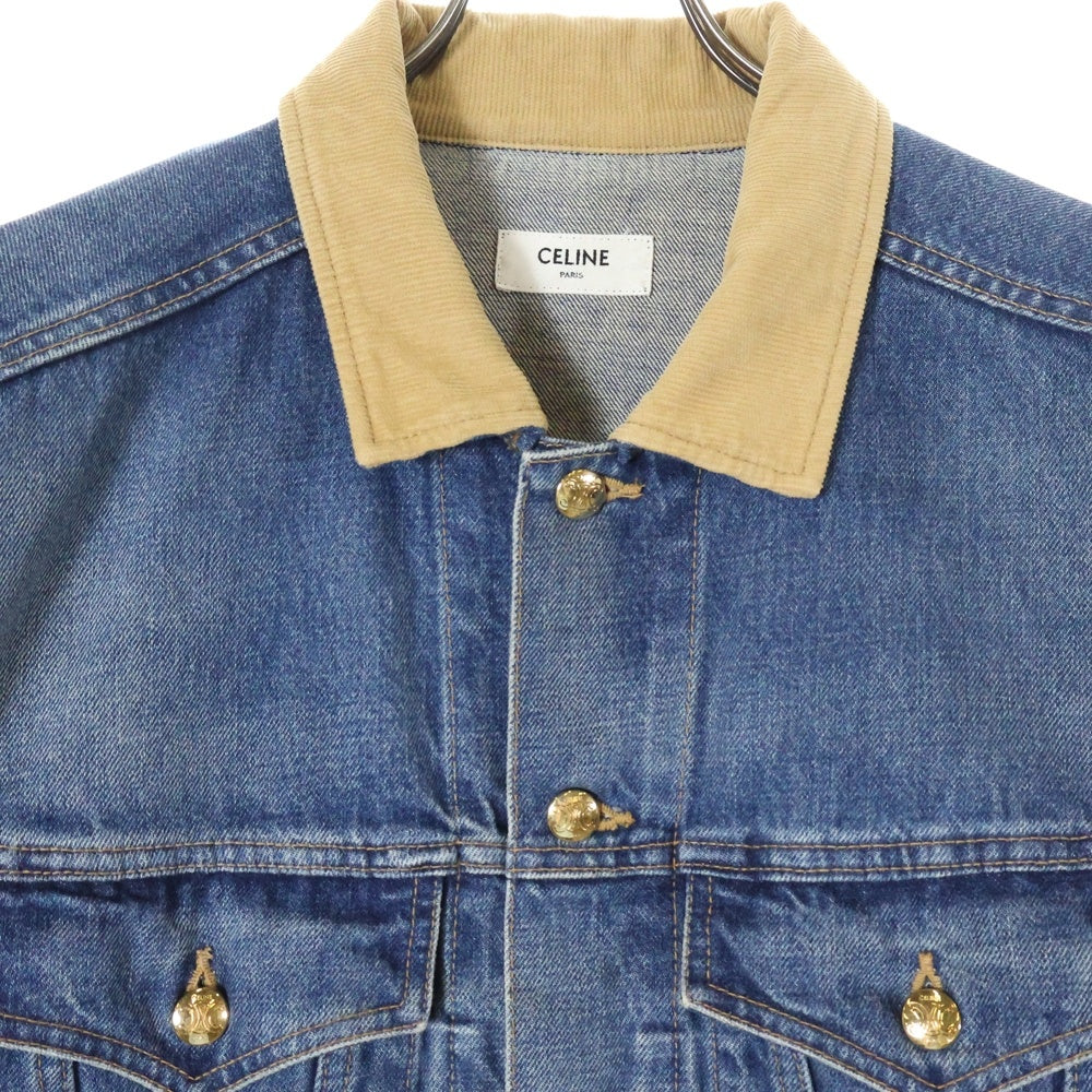CELINE(セリーヌ) バックロゴ刺繍 トリオンフボタン ウォッシュ加工 コーデュロイカラー デニム トラッカージャケット インディゴ 2Q493 365M