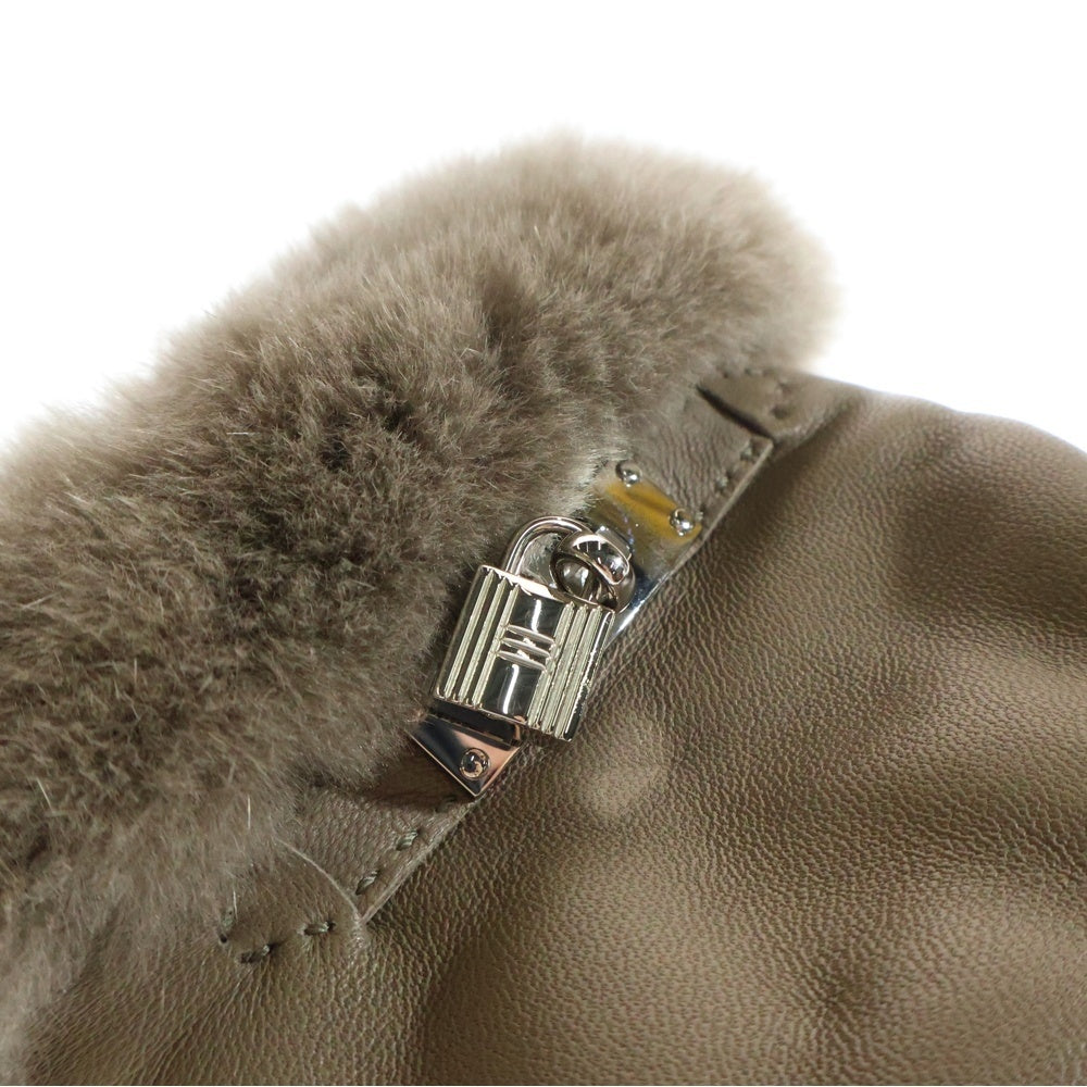 HERMES(エルメス) ケリー カナデ パドロック ミンクファー ラムスキン レザー グローブ 手袋 エトゥープ シルバー金具 ベージュ レディース