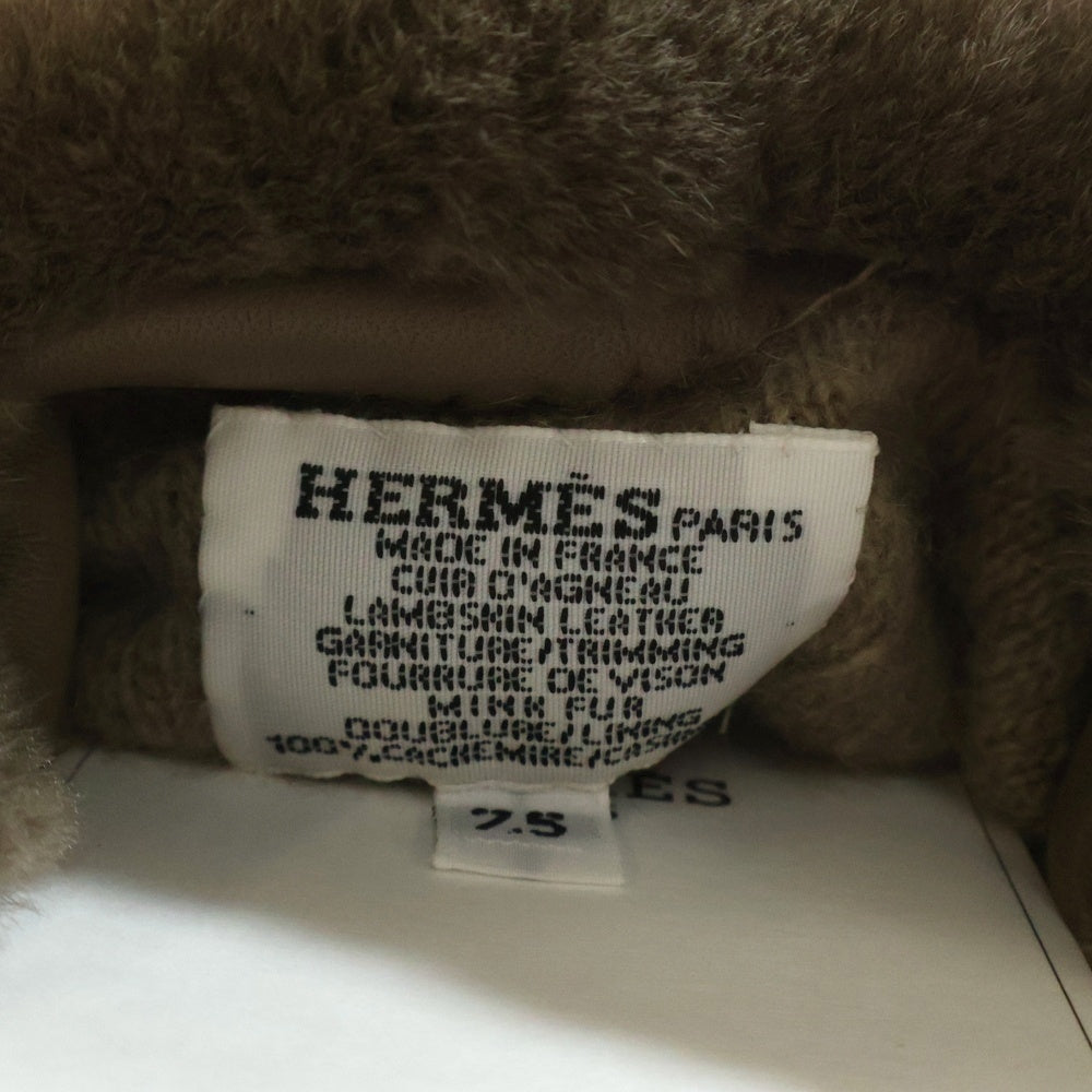 HERMES(エルメス) ケリー カナデ パドロック ミンクファー ラムスキン レザー グローブ 手袋 エトゥープ シルバー金具 ベージュ レディース