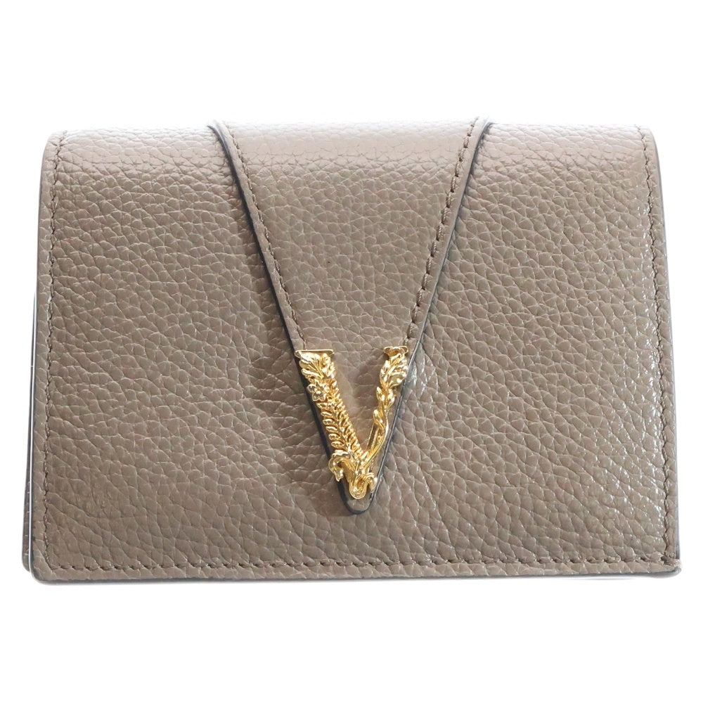 VERSACE(ヴェルサーチ) レディース Vロゴ 二つ折り財布 コンパクトウォレット コインケース グレージュ ゴールド金具 レザー