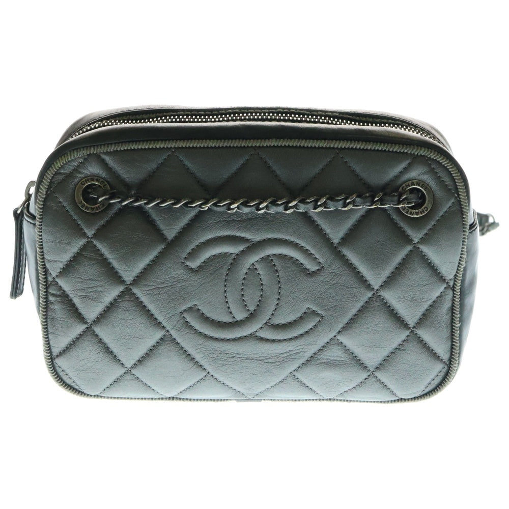 CHANEL(シャネル) ココマーク バレリーナ ショルダーバッグ チェーンバッグ ハンドバッグ ミニバッグ メタリックグレー レザー シルバー金具 A93015