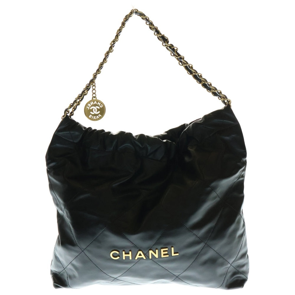 CHANEL(シャネル) シャネル22 ココマーク ロゴプレート ラージ シャイニーカーフスキン レザー ショルダー トートバッグ ゴールド金具 ブラック AS3260