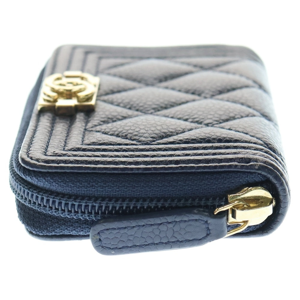 CHANEL(シャネル) ボーイシャネル ラウンドファスナー カード・コインケース 財布 ウォレット ネイビー ブルー キャビアスキン ゴールド金具 レディース