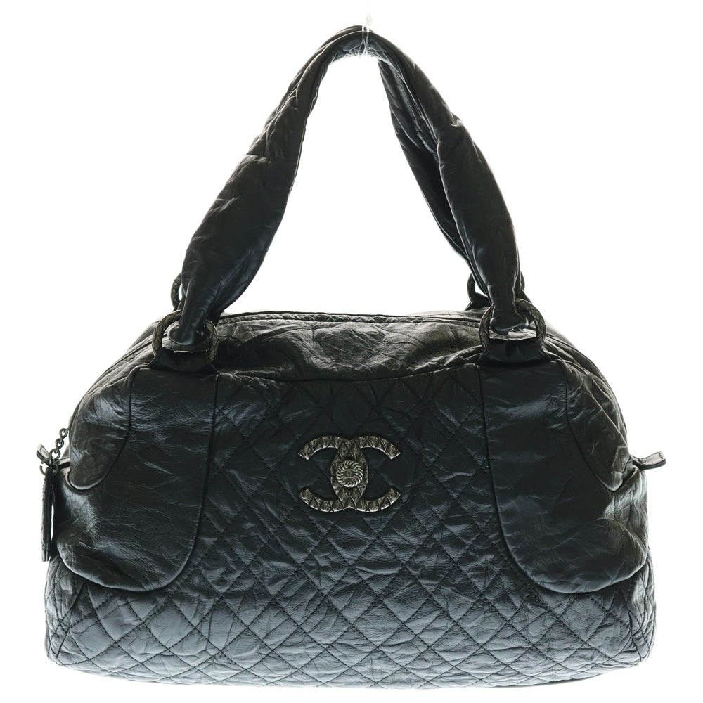 CHANEL(シャネル) マトラッセ ココマーク ラムスキン レザー ミニボストンバッグ ブラック シルバー金具