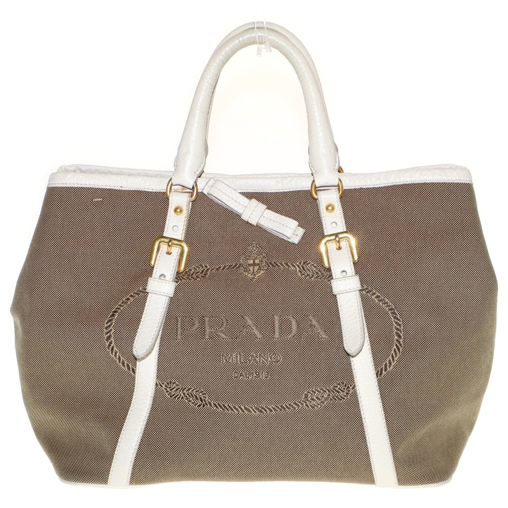 PRADA(プラダ) 2wayハンドバッグ ショルダーバッグ ミニトートバッグ ホワイト×ブラウン ゴールド金具 レザー×キャンバス BN1841