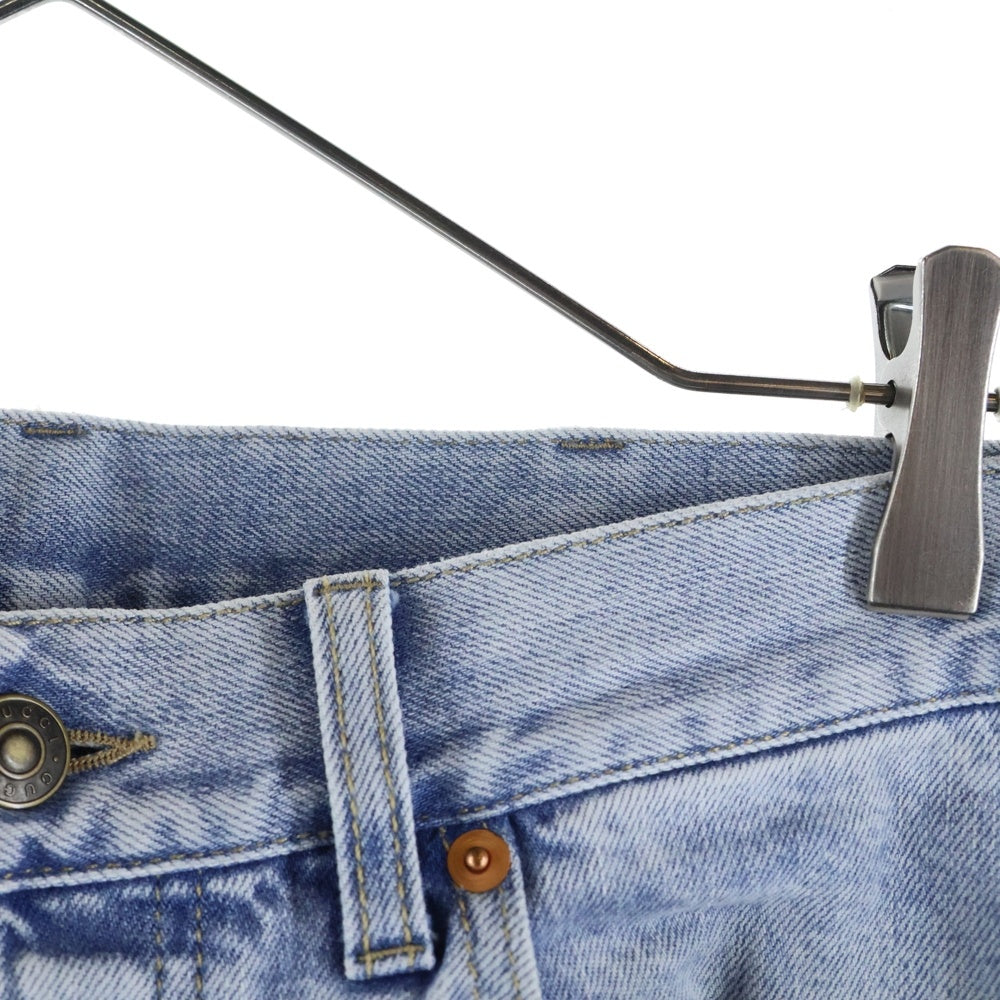 GUCCI(グッチ) ヴィンテージロゴプリント レザーパッチ ウォッシュ加工 ボタンフライ テーパード デニムパンツ ジーンズ インディゴ レディース 408637